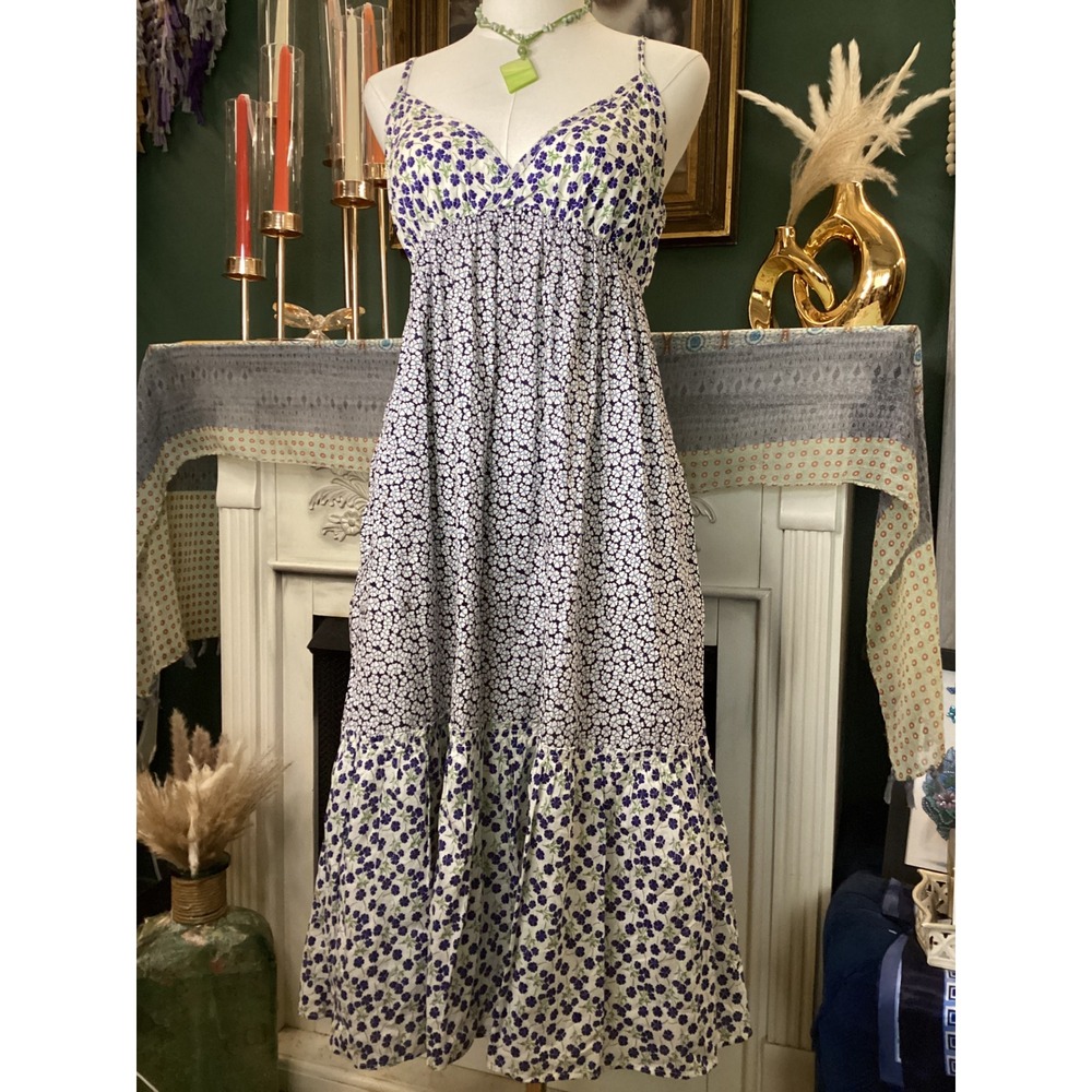 Gap Womens Blue White Floral Tiered Midi Dress Empire Waist Pockets Medium